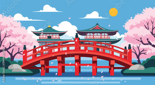 Modern vector illustration of Japanese cherry blossoms festival with red arched bridge beneath blooming sakura trees and petals floating on water