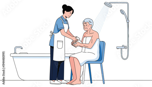 Nurse assisting senior woman in bathroom with shower chair support
