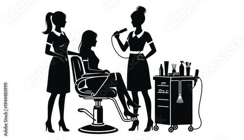 Hair stylist silhouette illustration with two assistants and salon chair