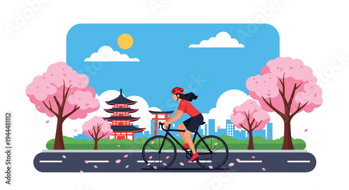 Modern vector illustration of Japanese cherry blossoms festival with cyclist riding beneath blooming sakura trees and petals covering spring street