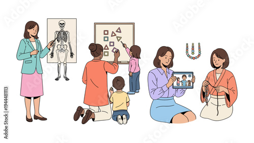 Diverse Learning Environments: A collection of engaging scenes showcasing various educational activities, from anatomical studies and interactive lessons to digital learning and crafting.