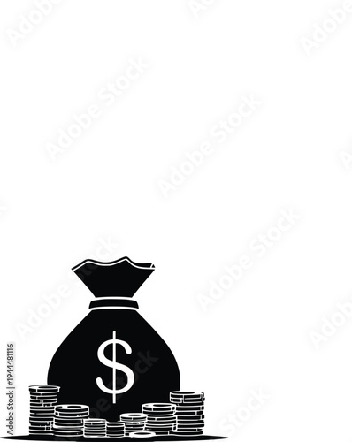 A black money bag filled with coins symbolizing wealth and savings