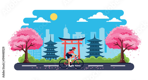 Modern vector illustration of Japanese cherry blossoms festival with cyclist riding beneath blooming sakura trees and petals covering spring street