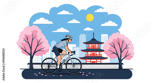 Modern vector illustration of Japanese cherry blossoms festival with cyclist riding beneath blooming sakura trees and petals covering spring street