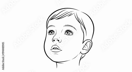 Line art portrait of a young child looking upwards with curiosity