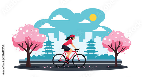 Modern vector illustration of Japanese cherry blossoms festival with cyclist riding beneath blooming sakura trees and petals covering spring street