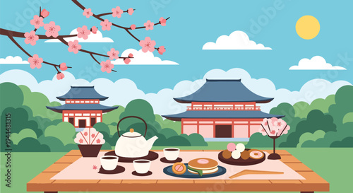 Modern vector illustration of Japanese cherry blossoms festival with tea set and sweets beneath blooming sakura trees in serene spring garden