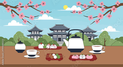 Modern vector illustration of Japanese cherry blossoms festival with tea set and sweets beneath blooming sakura trees in serene spring garden