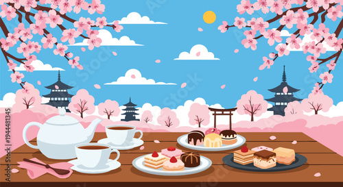 Modern vector illustration of Japanese cherry blossoms festival with tea set and sweets beneath blooming sakura trees in serene spring garden