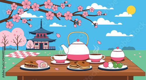 Modern vector illustration of Japanese cherry blossoms festival with tea set and sweets beneath blooming sakura trees in serene spring garden