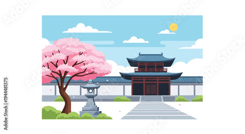 Modern vector illustration of Japanese cherry blossoms festival in peaceful courtyard with sakura tree and stone lantern in spring atmosphere