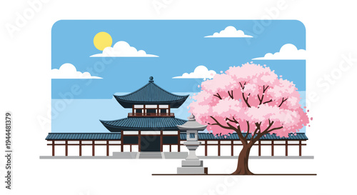 Modern vector illustration of Japanese cherry blossoms festival in peaceful courtyard with sakura tree and stone lantern in spring atmosphere