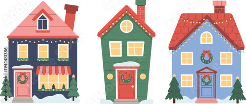 Colorful Christmas winter houses with snow, wreath decorations and festive lights in cartoon style, cozy holiday home illustration for greeting cards and seasonal design
