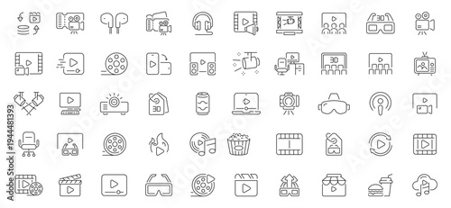 Movie and cinema icons set. line, editable line icons for film and video projects