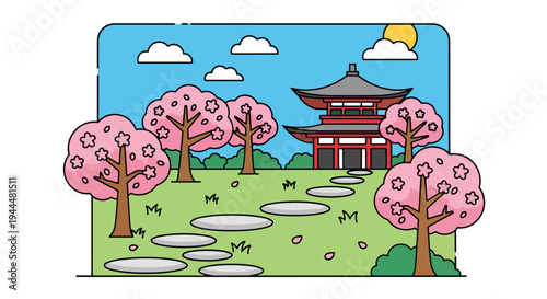 Modern vector illustration of Japanese cherry blossoms festival with stepping stones and blooming sakura trees in tranquil garden