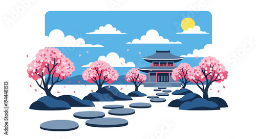 Modern vector illustration of Japanese cherry blossoms festival with stepping stones and blooming sakura trees in tranquil garden