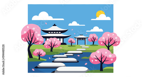 Modern vector illustration of Japanese cherry blossoms festival with stepping stones and blooming sakura trees in tranquil garden