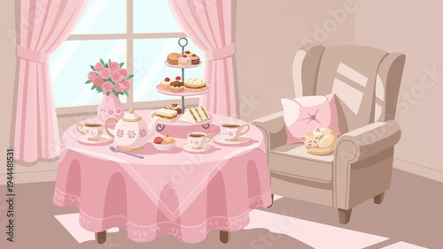 Pink Tea Party Setting with Chair.