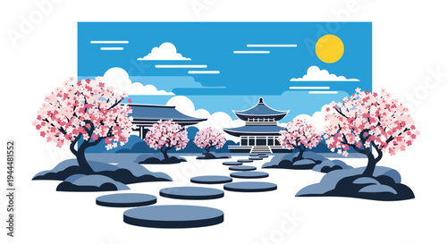 Modern vector illustration of Japanese cherry blossoms festival with stepping stones and blooming sakura trees in tranquil garden