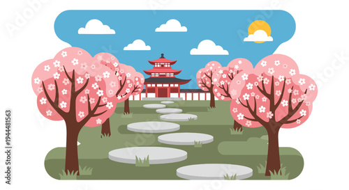 Modern vector illustration of Japanese cherry blossoms festival with stepping stones and blooming sakura trees in tranquil garden