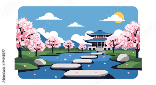 Modern vector illustration of Japanese cherry blossoms festival with stepping stones and blooming sakura trees in tranquil garden