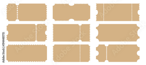Blank ticket templates made of kraft cardboard with a tear-off line. Simple layouts for coupons and passes. Admit One flat vector ticket designs for cinemas, casinos, events, and advertising brochures