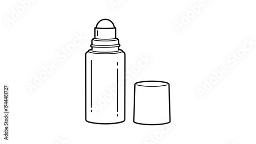 Simple black and white line drawing of a roll-on deodorant bottle with its cap removed and placed beside it, showing the basic shape.