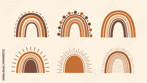 Set of six hand-drawn abstract rainbows in various earthy brown and orange tones, featuring different patterns like dots and lines.