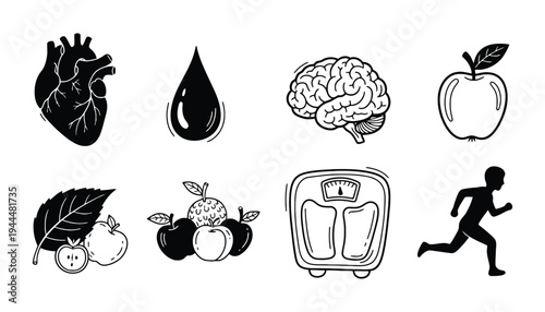 Healthy lifestyle icons including heart, brain, and running silhouette