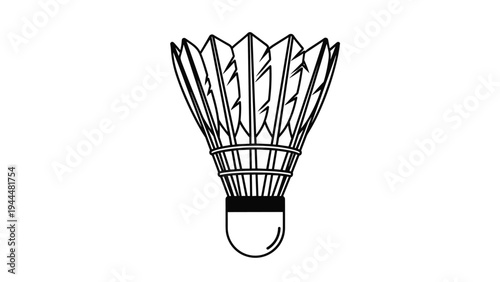 Detailed black and white illustration of a badminton shuttlecock, showing the intricate feather arrangement and rounded cork base.