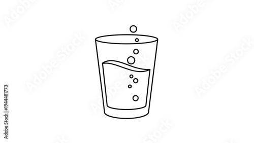 Simple black and white line drawing of a drinking glass filled with a liquid and rising bubbles for refreshment concepts.