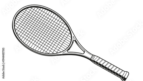 Clean black and white line drawing of a professional tennis racket showing the strings and grip details on a white background.