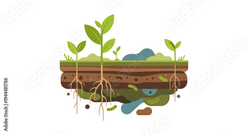 Plant Growth Cycle in Soil Cross-Section: Detailed Illustration of Roots, Layers, and Ecosystem Elements for Agriculture and Environmental Science