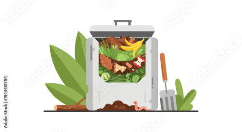 Organic Waste Composting Bin Illustration for Sustainable Living and Eco-Friendly Gardening. Natural Fertilizer Production and Waste Management Concept.