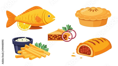 Assorted Traditional British Savory Pies and Fish.