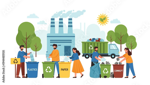 People Sorting Waste into Recycling Bins.