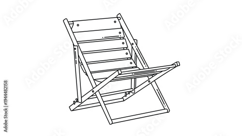 Folding deck chair line art illustration shows a classic wooden garden seat design with slats on a plain white background.
