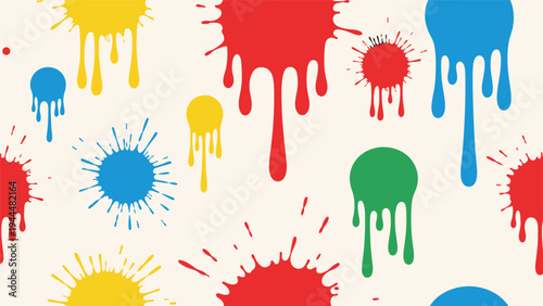 Vibrant seamless pattern of multi-colored paint splatters and dripping spots on an off-white background for creative themes.