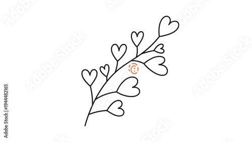 Whimsical line drawing of a plant branch where each leaf is a small heart shape for love and nature-themed designs.