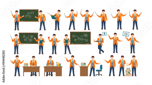 Teacher in the Classroom: An illustrative compilation showcases a male teacher in a variety of poses, engaging with learning tools within the classroom environment, highlighting education.