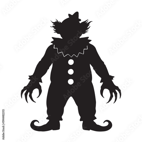 A darkly rendered silhouette of a frightening clown figure with exaggerated features silhouette high-quality professional