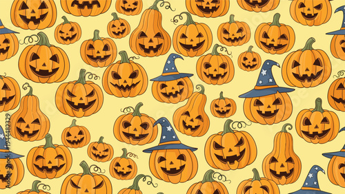 Seamless pattern featuring a variety of carved orange halloween pumpkins including some wearing blue wizard hats on a light background.