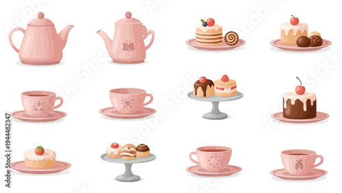 Pink Tea Set and Pastries on Stands.