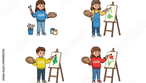 Painter children illustration with colorful artwork and painting tools