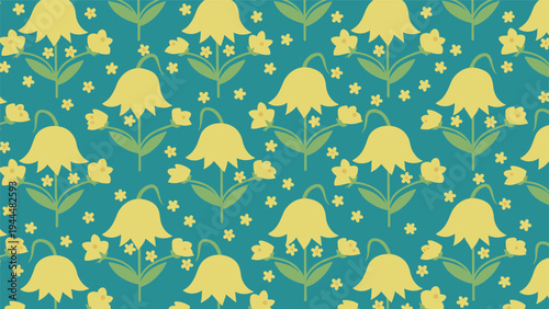 Vintage style floral pattern featuring repeating yellow bell shaped flowers and small stars on a deep teal blue decorative background.