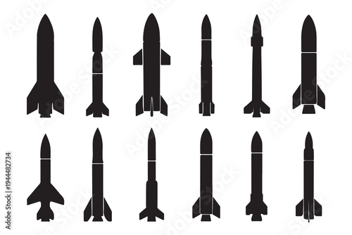 A collection of various rocket designs arranged in a grid shown as a silhouette high-quality