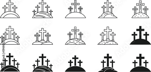 Black and white of multiple crosses on hills cemetery