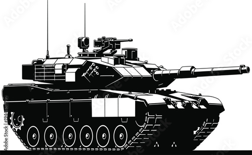 Black tank with long barrel and antennae on white background military vehicle armored