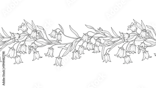 Long horizontal floral border depicting a vine of blooming bluebell flowers with green leaves in an intricate black and white sketch.