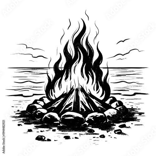 Black and white illustration of a campfire on a beach with ocean waves and birds in the sky